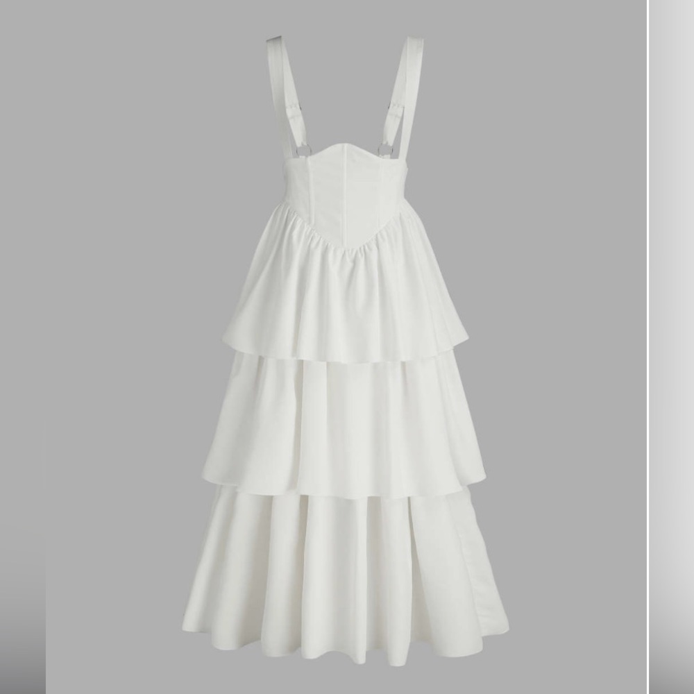 ISO solid layered ruffle corset buckle cami maxi dress